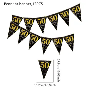 Detail view of 12-piece black and gold 50th birthday pennant banner with size dimensions