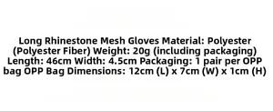 Size specifications for 46cm long rhinestone fishnet gloves in polyester material