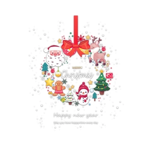 Christmas wreath window sticker featuring Santa, reindeer, and snowman on white background