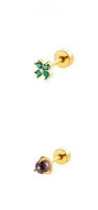 Detail of gold cartilage studs with green clover zircon and purple gemstone screw back