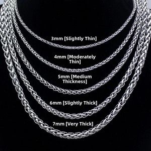 Size comparison chart for stainless steel keel chain necklace showing 3mm to 7mm thickness