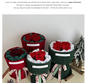 Close-up of red rose bouquets wrapped in festive knit fabric for Christmas DIY gifts
