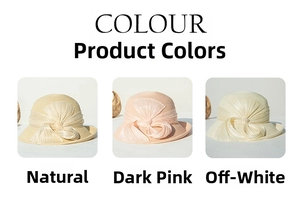 Détail de chapeaux en paille en naturel, rose poudré et blanc cassé avec nœuds en perles