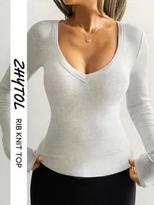Women Long Sleeve V Neck T-Shirt Slim Fit Ribbed Knit Solid Color Casual Base Layer Top Viscose Blend Soft Tee