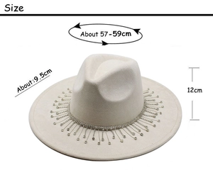 Detailed view of cream felt fedora hat with 9.5cm brim and diamond fringe trim