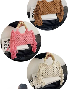 Detail of hand-woven fringe mini bags with wooden bead handles in pink, beige and brown