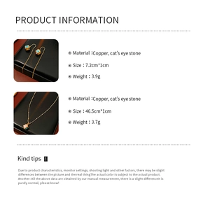 Detail specifications of cat's eye stone jewelry set including necklace and earrings