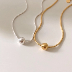 S925 sterling silver minimalist snake chain bracelet with round bead in gold and silver