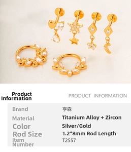 Titanium alloy piercing set featuring heart, star, and moon charms with zircon inlays