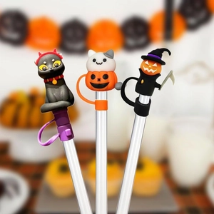 Halloween 10mm silicone straw covers featuring black cat and pumpkin wizard designs