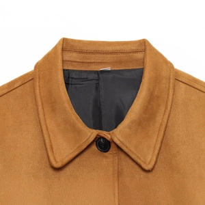 Veste en daim marron avec col à revers et bouton noir pour femme, style automne