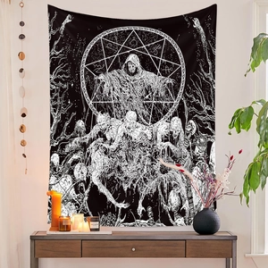 Gothic skull reaper tapestry with pentagram on white wall above wooden table