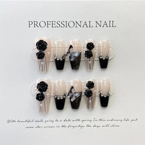 Handmade Long Trapezoid Press On Nails With Black Camellia Butterfly Rhinestone Artificial Pearl And Gradient Design