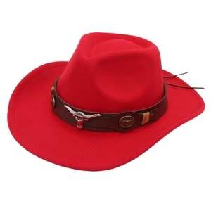 Classic red western cowboy hat with wide brim and decorative bull head leather belt