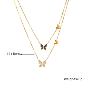 Double layered gold plated titanium necklace with butterfly shell pendant 44+6cm