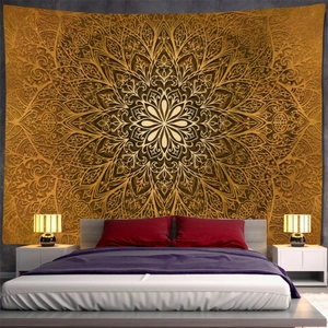 Golden mandala wall tapestry for bedroom decor in bohemian vintage style and warm tones
