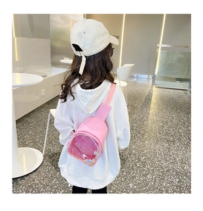 Detailed back view of pink kids chest bag featuring transparent glitter sequin pocket