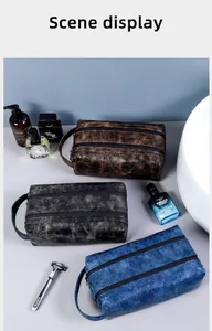 Three vintage PU leather toiletry bags with dual zippers and handle in a bathroom setting