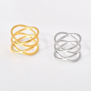 Double layered hollow criss-cross rings in gold and silver finish for women