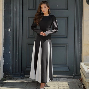 Robe Maxi Élégante À Manches Longues Polyester Élasthanne Colorblock Patchwork Col Rond Taille Nouée Manches Bouffantes