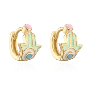 Golden hoop earrings with Fatima Hand charms in mint green, pink, and blue enamel colors
