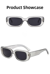 Detail view of transparent grey rectangle sunglasses with retro narrow frames and dark lenses