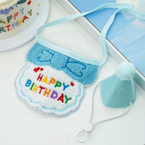 Detail of light blue pet birthday bib and felt hat set with Happy Birthday embroidery