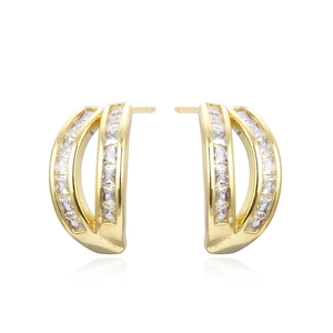 Vintage gold hoop earrings with double row square zircon stones and pearl detail