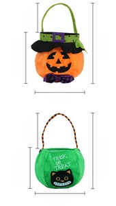 Detail view of plush Halloween gift bags in pumpkin and green cat designs with sizes