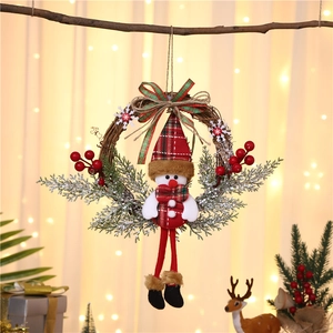 Close-up of a rustic Christmas wreath featuring a cute snowman doll with red berries and pine