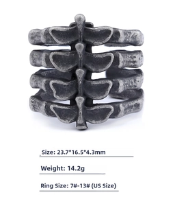 Detail view of gothic bone style ring showing dimensions 23.7x16.5mm and textured metal