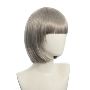 Detailed view of grey short bob wig with flat bangs on mannequin, soft synthetic fiber