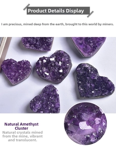 Close-up of heart-shaped natural Uruguay amethyst clusters with deep purple crystals