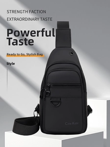 Detail of minimalist black crossbody chest bag with matte waterproof fabric and metal D-ring