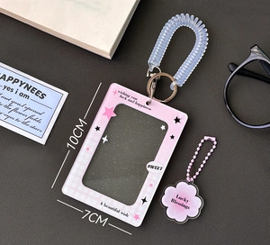 Pink acrylic card holder with dimensions 10x7cm and transparent spiral wrist strap