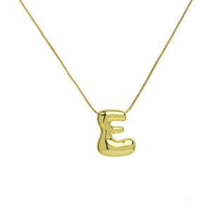 Macro view of 18K gold plated bubble letter E pendant on a thin box chain necklace
