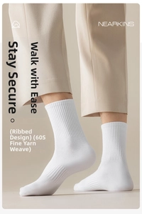Detail of white 60S fine knit crew socks with ribbed texture and elastic cuff