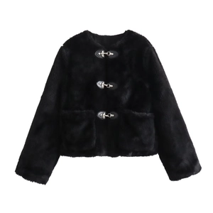 Detail shot of black faux fur jacket with silver metal buckles and symmetric pockets