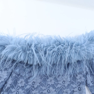 Detail of light blue lace dress featuring faux fur trim and delicate floral embroidery