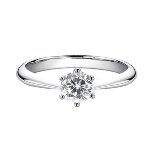 Classic six-prong solitaire engagement ring with brilliant round cut stone on silver band