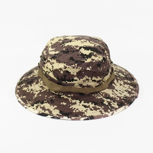 Detail view of digital camo boonie hat featuring wide brim and breathable metal eyelets