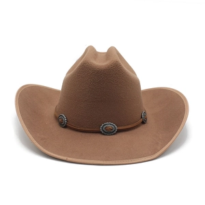Western Cowboy Hat Retro Wool Felt Fedora With Leather Concho Belt Wide Brim Outdoor Sun Protection Vintage Style Unisex