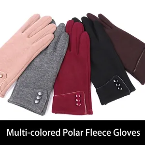 Women's warm winter fleece gloves in five colors with decorative wrist buttons
