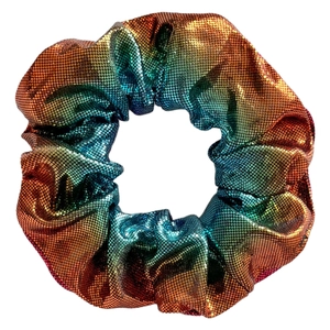 Detail of laser fabric scrunchie with rainbow gradient and metallic dotted texture