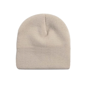 Detailed knit texture of a warm beige beanie showing fine craftsmanship and stretch material