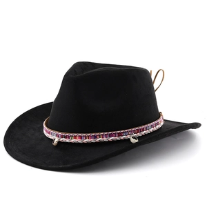 Black western felt cowboy hat with ethnic woven band and shell accents in a 45-degree view