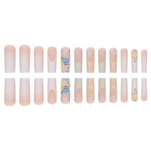 Long French press-on nails with colorful 3D flowers and pearls in pink gradient