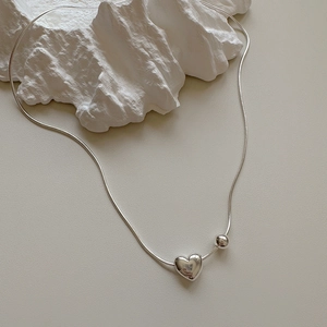 Minimalist 925 sterling silver snake chain necklace with heart and bead pendants