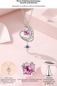Close-up of S925 silver moon and star pendant with pink cubic zirconia and nanocoating