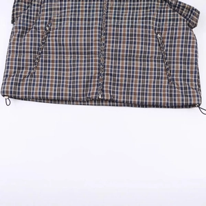 Blue and brown plaid jacket with metal zipper and adjustable drawstring hem detail